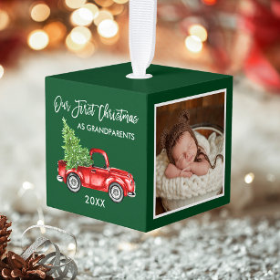 Grandparents First Christmas Vintage Truck Photo Cube Ornament