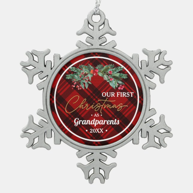 Grandparent's First Custom Branded Snowflake Pewter Christmas Ornament (Front)