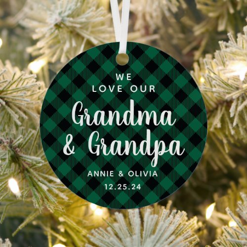 Grandparents Green Plaid Holiday Photo Two_Sided Metal Ornament