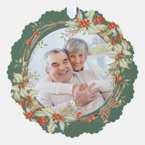 Grandparents Memorial Xmas Holly Wreath Photo Ornament Card