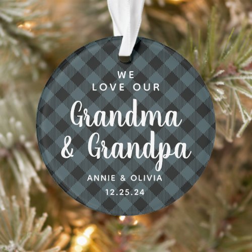 Grandparents Navy Blue Plaid Custom Holiday Photo Ornament
