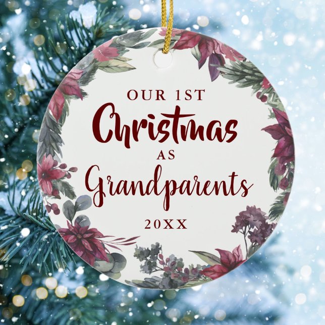 Grandparents Our First Christmas Floral Baby Photo Ceramic Ornament (Creator Uploaded)