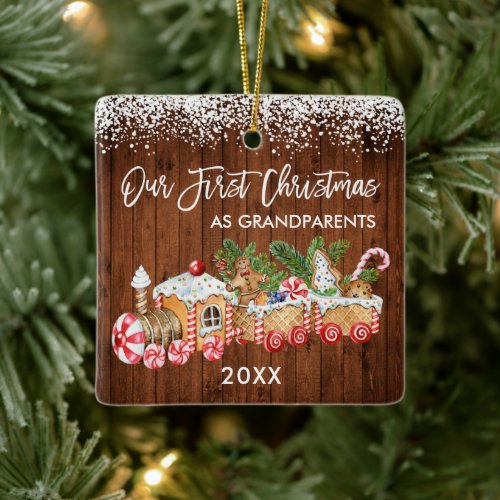 Grandparents Our First Christmas Gingerbread Train Ceramic Ornament