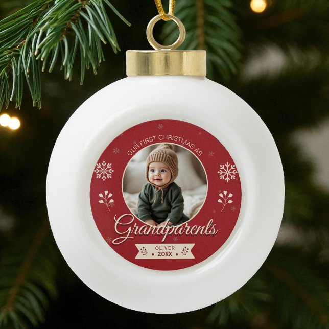 Grandparents Personalized First Christmas Photo  Ceramic Ball Christmas Ornament (Creator Uploaded)