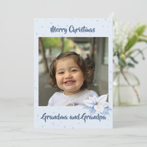 Grandparents Photo Christmas Blue Floral Holiday Card