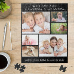 Grandparents Photo Collage Black Jigsaw Puzzle<br><div class="desc">Give the best grandparents a fun custom photo collage jigsaw puzzle of their loved ones. You can personalize with six family photos of grandchildren, family members, pets, etc., and customize the expression to "I Love You" or "We Love You, " and how they are addressed "Grandma & Grandpa, " "Mom...</div>