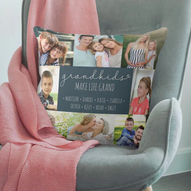 Grandparents Photo Collage Grandkids Names Blue Throw Pillow Zazzle