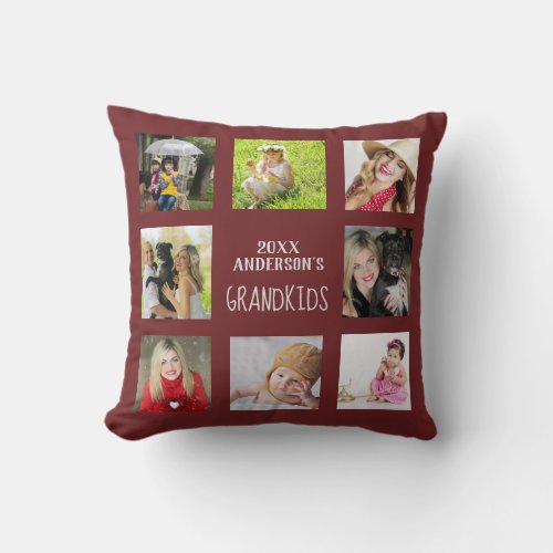 GRANDPARENTS Photo Collage Grandkids QUOTE Burgund Throw Pillow