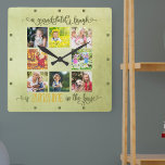 Grandparents Photo Collage Rustic Green Watercolor Square Wall Clock<br><div class="desc">Create your own unique wall clock for grandparents using 8 of your favorite photos. Hand lettered in beautiful calligraphy, the wording reads "a grandchild's laugh is sunshine in the house". The design has a soft green watercolor background with olive green and yellow typography. Your pictures are displayed in square format...</div>