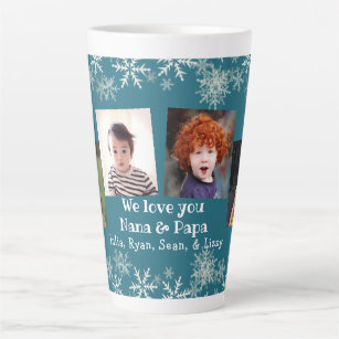 Grandparents Photo Collage Snowflakes on Blue Latte Mug