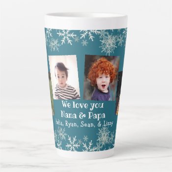 Grandparents Photo Collage Snowflakes On Blue Latte Mug by holiday_store at Zazzle