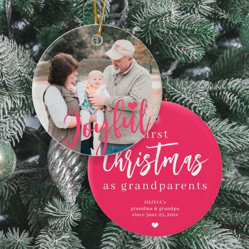 Grandparents photo first Christmas script Ceramic Ornament