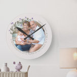 Grandparents Photo Purple Wildflower Floral Frame Round Clock<br><div class="desc">Photo clock with custom text which you can personalize for anyone or any occasion. The photo template is set up for you to add your picture, which is displayed in round shape. This elegant and delicate design has a floral photo frame with purple wild flowers and greenery. If you have...</div>