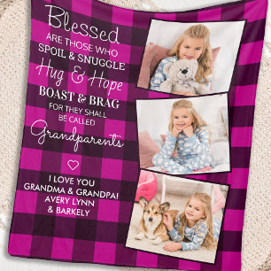 Grandparents Quote Custom 3 Photo Pink Plaid  Fleece Blanket