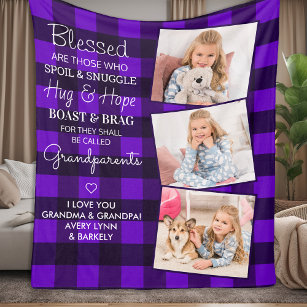 Grandparents Quote Custom 3 Photo Purple Plaid  Fleece Blanket