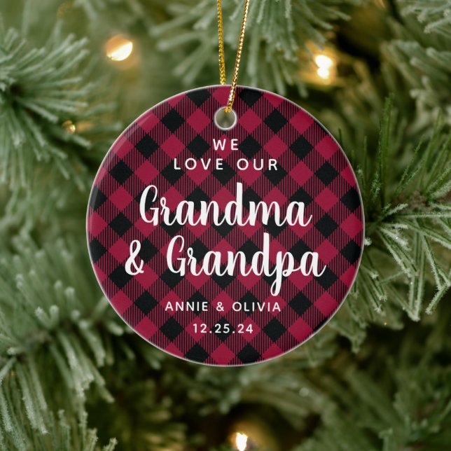 Grandparents Red Plaid Christmas Photo Two-Sided Ceramic Ornament (Tree)