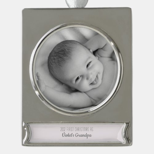 Grandpas 1st Christmas Personalized Name Photo Silver Plated Banner Ornament