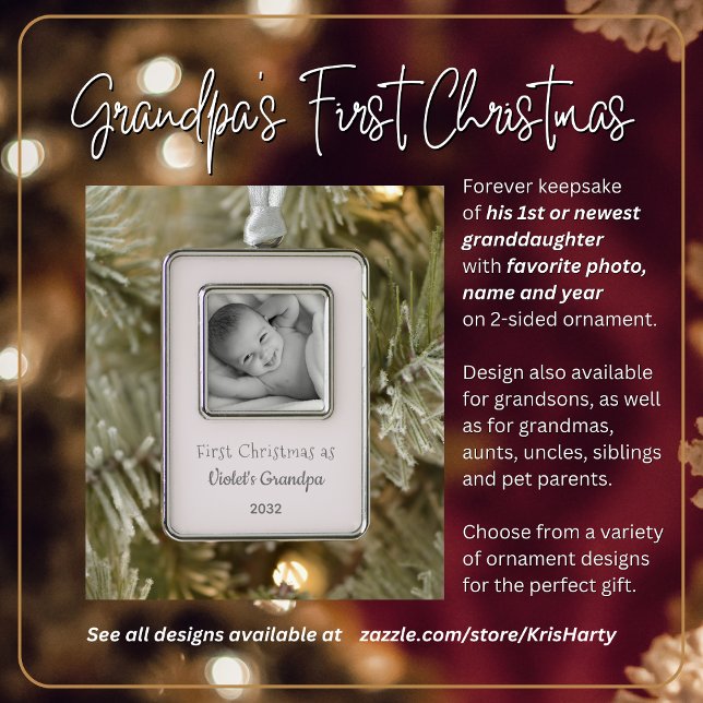 Grandpa's 1st Christmas Personalized Photo Name Christmas Ornament (Grandpa's First Christmas with 2st or newest Granddaughter. Gift him this  photo forever keepsake.)