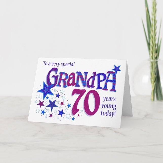 Grandpa's 70th Birthday Word Art with Stars Card (Front)