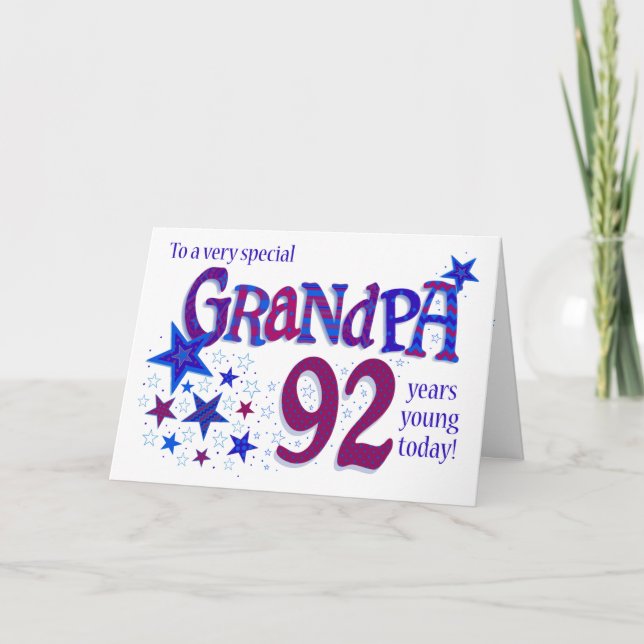 Grandpa's 92nd Birthday Word Art with Stars Card (Front)