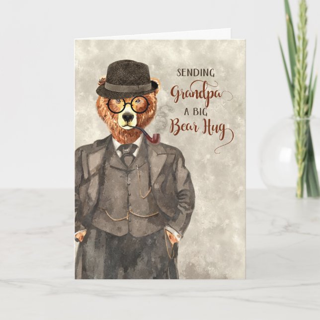 Grandpa's Birthday Bear in a Suit Cute Watercolor Card (Front)