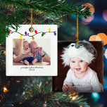 Grandpa's First Christmas Colorful Christmas Bulbs Ceramic Ornament<br><div class="desc">Grandpa's First Christmas! Cute, Modern yet Rustic Christmas Holiday Photo Square Ornaments featuring adorable little string of colorful Christmas lights in red, green, yellow, and purple, along with modern typography. Add 2 of your favorite photos for the perfect ornament! Please contact us at cedarandstring@gmail.com if you need assistance with the...</div>
