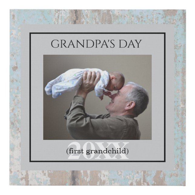 Grandpa's First Grandchild Photo Turquoise Wood Faux Canvas Print (Front)