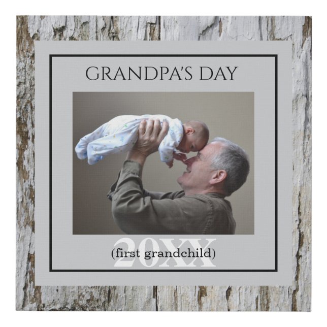 Grandpa's First Grandchild Photo Wood Background Faux Canvas Print (Front)