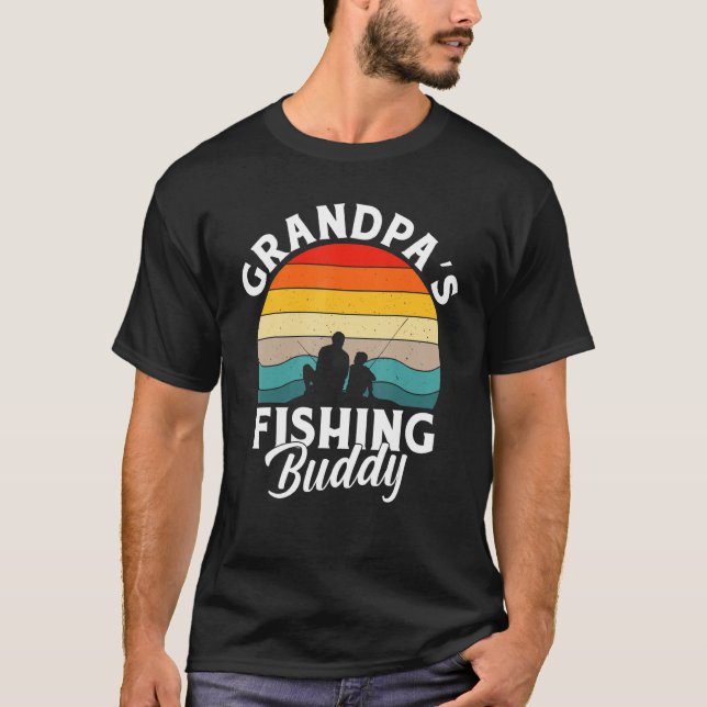 Grandpa's Fishing Buddy Grandfather 80s Sunset T-Shirt (Front)