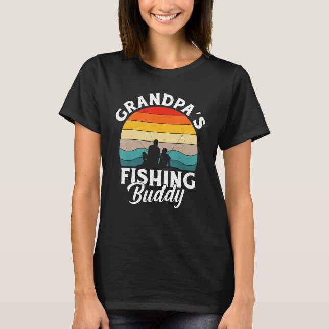 Grandpa's Fishing Buddy Grandfather 80s Sunset T-Shirt (Front)