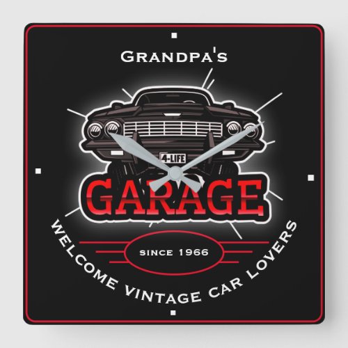 Grandpas Name Garage Welcome Vintage Car Black Red Square Wall Clock