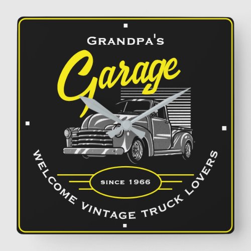 Grandpas Name Garage Welcome Vintage Trucks Black Square Wall Clock