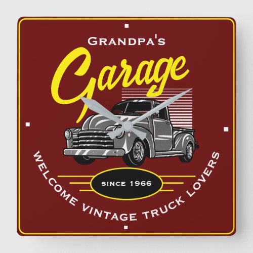 Grandpas Name Garage Welcome Vintage Trucks Red Square Wall Clock