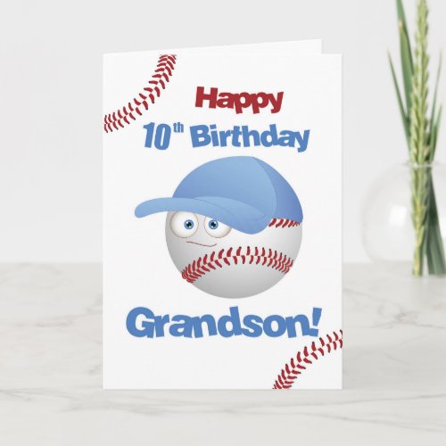 Grandson 10th Birthday Funny Baseball Face Card
