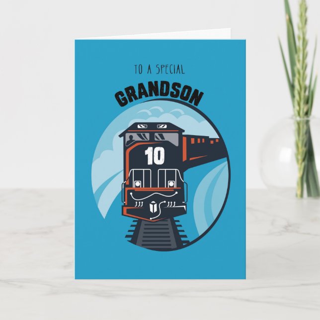 Grandson 10th Birthday Train, Little Boy, Blue Card (Front)