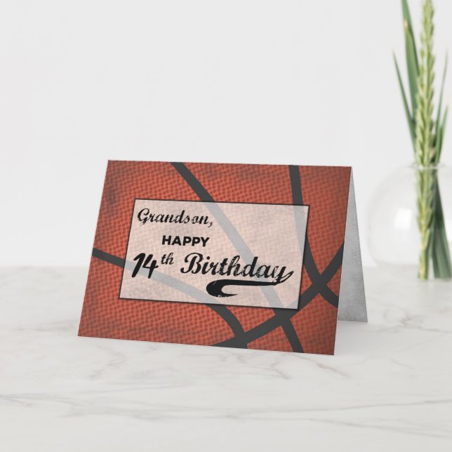 Grandson 14th Birthday Basketball Large Distressed Card (Front)