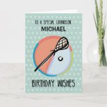 Grandson 14th Birthday Lacrosse Sport Personalize Card<br><div class="desc">When your grandson plays or loves the sport of lacrosse, this card will be perfect! A lacrosse stick with a ball is seen with a background in teal. Personalize it with his name, as well as his age! Whether turning 10 or 25, he will love seeing his name and age...</div>