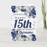 Grandson 15th Birthday Navy Balloon Card<br><div class="desc">A gorgeous navy and silver balloon happy 15th birthday card. This fabulous design is the perfect way to wish your grandson a happy 15th birthday (or any age!) Personalize with our own custom name and message. Blue colored typography.</div>