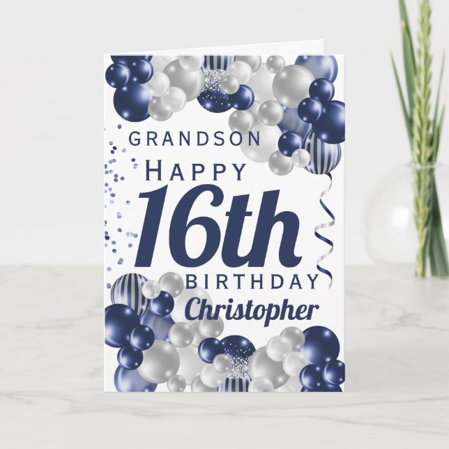 Grandson 16th Birthday Navy Balloon Card (Front)