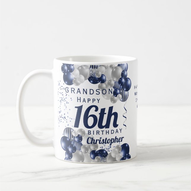 Grandson 16th Birthday Navy Balloon Coffee Mug (Left)