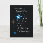 Grandson 16th Birthday Star Inspirational Blue Card<br><div class="desc">Black background sets off the white and blue stars. One large blue one stands out above the rest with the number 16 on it. Inspirational birthday card as your grandson turns 16,  with a beautiful sentiment inside.</div>