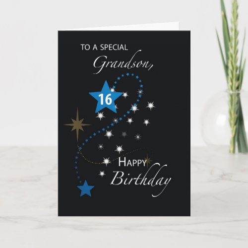 Grandson 16th Birthday Star Inspirational Blue Card