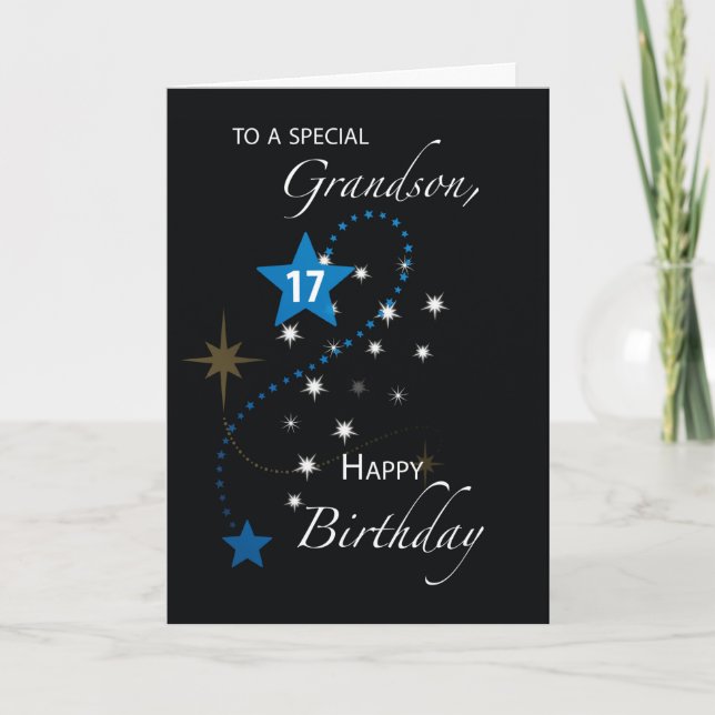 Grandson 17th Birthday Star Inspirational Black Card (Front)