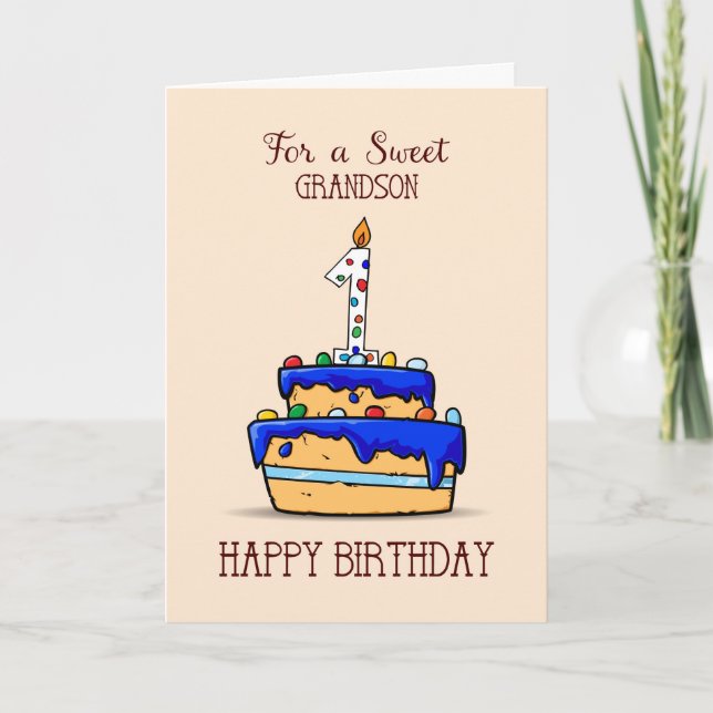 Grandson 1st Birthday, 1 on Sweet Blue Cake Card (Front)