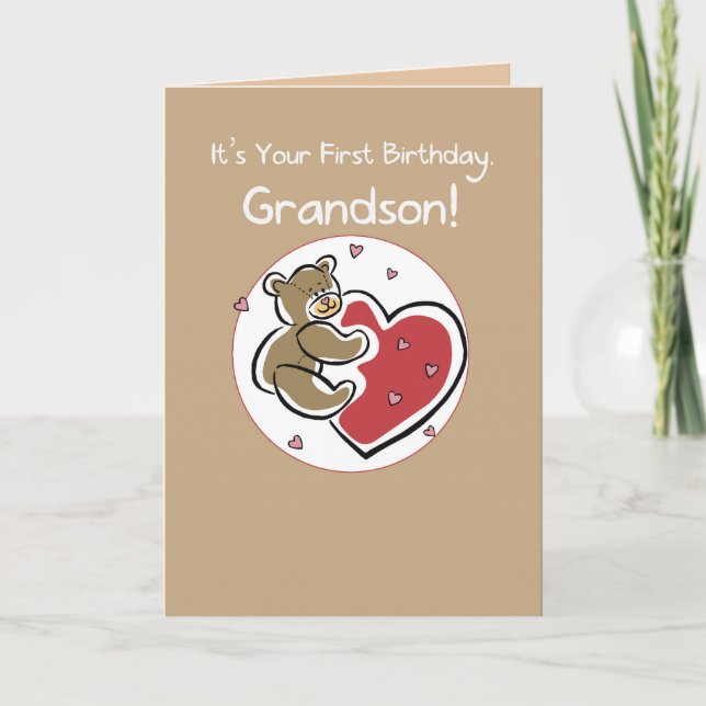 Grandson 1st Birthday Bear Card (Front)