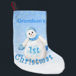Grandson 1st Christmas Snowman Small Christmas Stocking<br><div class="desc">Cute snowman with fuzzy blue mittens,  hat and scarf is smiling in a soft snow of pretty snowflakes on this first christmas keepsake stocking for your grandson.  Personalize by adding name to make it extra special.</div>