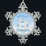 Grandson 1st Christmas Snowman Snowflake Pewter Christmas Ornament<br><div class="desc">Unique snowflake ornament goes well with this snowflake field featuring an adorable snowman smiling out with a carrot nose for first christmas keepsake ornament for your grandson. Personalize year using the template provided. I specialize in custom-made designs, so contact us if you would like a unique made-to-order layout using this...</div>