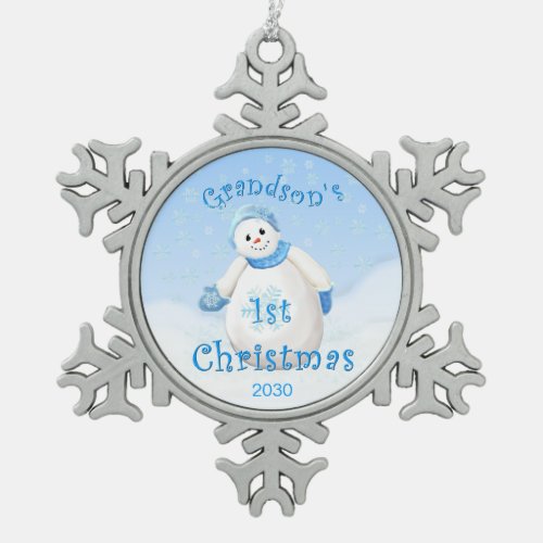 Grandson 1st Christmas Snowman Snowflake Pewter Christmas Ornament