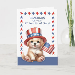 Grandson 1st Fourth of July Cute Dog With Hat Flag Card