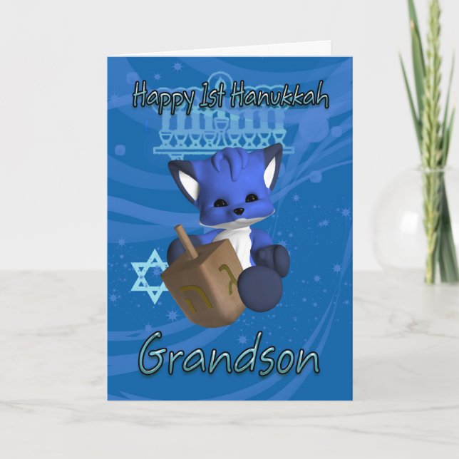 Grandson 1st Hanukkah Card Fox (Front)